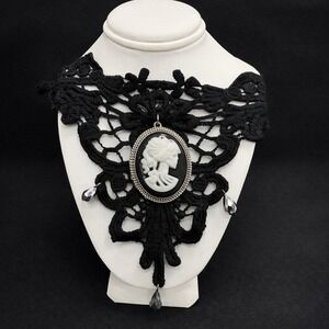 Black Lace Cameo Choker Necklace Gothic Victorian Collar Bib Goth Whimsigoth